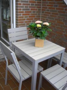 卡罗利嫩西尔Ferienwohnung Mühlenblick 3的一张白色野餐桌,上面有盆栽植物