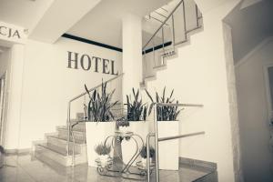 卢布林地区托马舒夫Hotel & Spa Arkadia的酒店大堂的楼梯上种植了盆栽植物