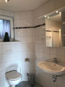 HageFerienwohnung Hage的一间带卫生间、水槽和镜子的浴室