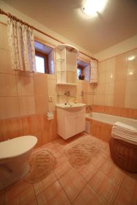 JavornáChalupa Na Bucharu的浴室配有盥洗盆、卫生间和浴缸。