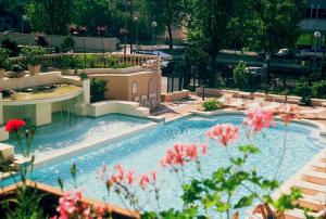 里乔内Hotel Cannes - in pieno centro的游泳池前有粉红色的花朵