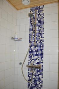 塔库沃里Pointin Vale Apartment Tahko的浴室的墙壁上设有蓝色瓷砖和淋浴。