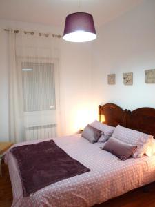 莱昂Piso Madrazo的一间卧室配有一张大床和紫色灯