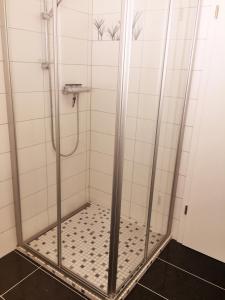 洛伊克巴德Apartments Soldanella的浴室里设有玻璃门淋浴