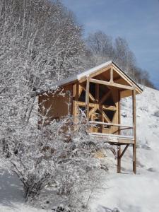 奥雷勒La cabane du pommier的雪中木舱,有树