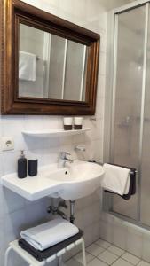 格拉本斯塔特Pension Langerspacher的一间带水槽、镜子和淋浴的浴室