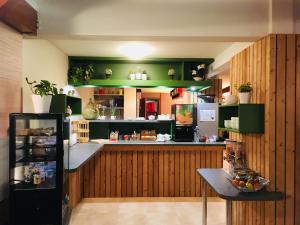 芒德Brit Hotel Confort Deltour Mende的一个带绿色橱柜和柜台的大厨房