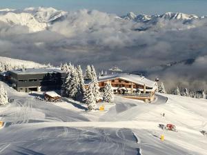 ThierbachBerggasthof Schatzbergalm的雪地中的滑雪小屋,有雪覆盖的群山