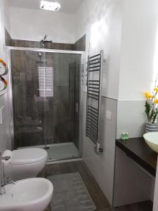 韦尔巴尼亚B&B Stella Maggiore的带淋浴、卫生间和盥洗盆的浴室
