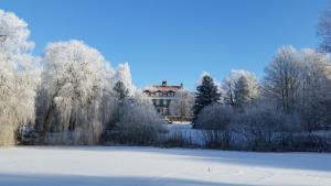 StellshagenBio- und Gesundheitshotel Gutshaus Stellshagen的一座位于一片白雪 ⁇ 的林地中的房屋