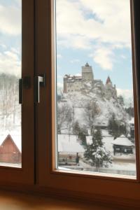 布朗Conacul Törzburg的享有城堡雪景的窗户