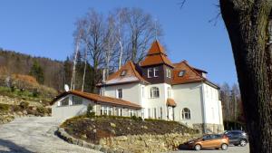佩霍维采Pałacyk Szklarska的一间白色的大房子,有棕色的屋顶