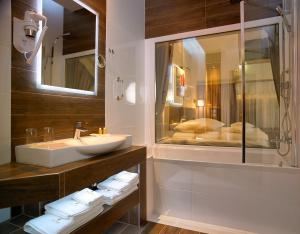绿山城Aura - Hotel & Restaurant & Sauna的一间带水槽、淋浴和镜子的浴室