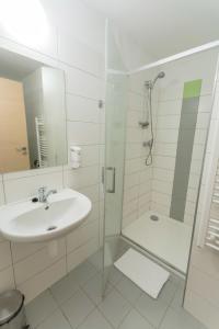 ŽelivHotel Na Kocandě的白色的浴室设有水槽和淋浴。