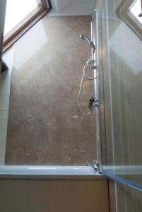 蒙哥马利飞龙旅馆的浴室里设有玻璃门淋浴