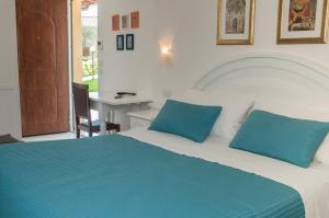 里沃托托卡萨莱莫妮卡2号庄园酒店的一间卧室配有一张带蓝色枕头的床和一张书桌