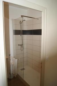 雷诺堡罗登酒店的浴室里设有玻璃门淋浴