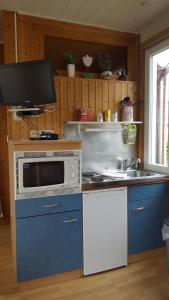 库克斯港Ferienhaus Weiser的厨房配有炉灶和微波炉。