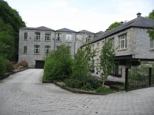 泰德斯韦尔Litton Mill Apartment的一座古老的石头建筑,前面有车道