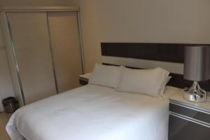 卢萨卡AMB Apartments的卧室配有一张带灯的白色大床