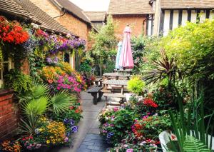 伯明翰Bournville House & Cafe的花园设有一座带遮阳伞和鲜花的庭院