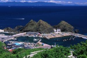 青森Hotel Shindbad Aomori -Love Hotel-的享有码头和水中船只的景色