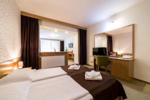 索瓦塔Hotel Muresul Health Spa的配有一张床和一张书桌的酒店客房