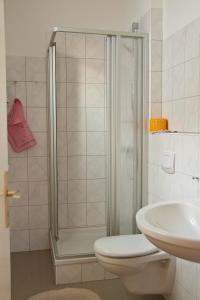霍恩-巴特迈恩贝格Havergoh Wander- & Fahrrad-Hotel的带淋浴、卫生间和盥洗盆的浴室