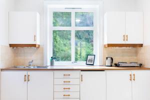 蒂瑟达尔斯洛特公寓的厨房配有白色橱柜和窗户。