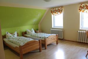 LetschinFerienhaus Loose 8的配有两张床铺的绿色墙壁和窗户