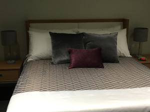埃德蒙顿University of Alberta - PLH Accommodation的一张带四个枕头的床和两盏灯