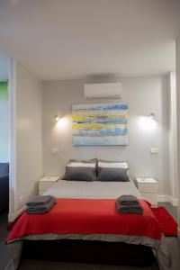马德里WindRose 1的一间卧室配有一张带红色毯子的大床