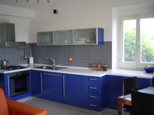 圣维托基耶蒂诺Sea view apartment 10 minute walk to the sea的厨房配有蓝色橱柜和水槽