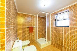 Santo AmaroAdega Lopes的一间带卫生间和淋浴的浴室以及窗户。