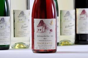 LonguichGästehaus Wein im Turm的一瓶红酒坐在其他瓶子前