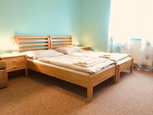 布拉迪斯拉发罗索维斯基旅馆的卧室内的一张带木制床头板的床