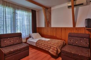 希普卡Guest House Villa Teres的一间卧室配有一张床、一把椅子和电视。