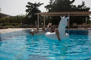 伊奥斯乔拉Armadoros Hotel / Ios Backpackers的两个人在游泳池里乘充气垫子