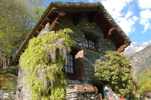 巴切诺Chalet La Baita的一座石头房子,窗户周围种着鲜花