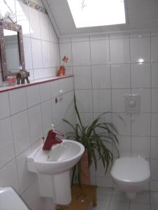 希尔沙伊德Ferienwohnung Schütz的白色的浴室设有水槽和卫生间。