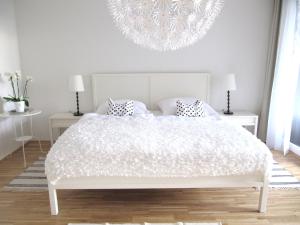 康斯坦茨Ferienwohnung Lac Konstanz的卧室配有白色的床和吊灯。