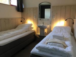 西泰尔斯海灵Bungalows Dellewal的配有2张床的带水槽和镜子的客房