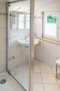 瓦瑟堡Gästehaus Truckenbrodt的带淋浴和盥洗盆的浴室