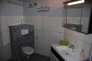 WangelsFerienhof Blunck的一间带卫生间、水槽和镜子的浴室