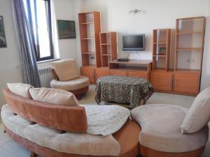 埃里温Spacious apartment in Aygedzor street的客厅配有两把椅子和电视