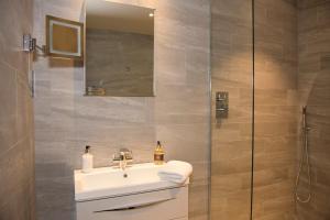 彭里斯Roundthorn Country House & Luxury Apartments的一间带水槽和淋浴的浴室