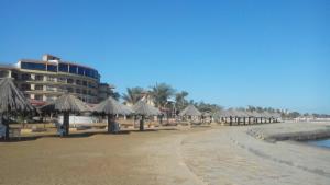 法耶兹Fayed Armed Forces Hotel的一片带一些草伞的海滩和一座建筑