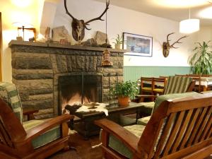 圣马丁德洛斯Hotel Turismo的客厅设有壁炉和摇椅