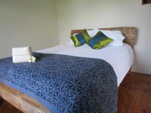 Tryphena桑树林休闲住宿加早餐旅馆的一张带蓝色和白色棉被及绿色枕头的床