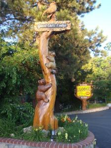 Running SpringsGiant Oaks Lodge的树上熊雕像,有标志